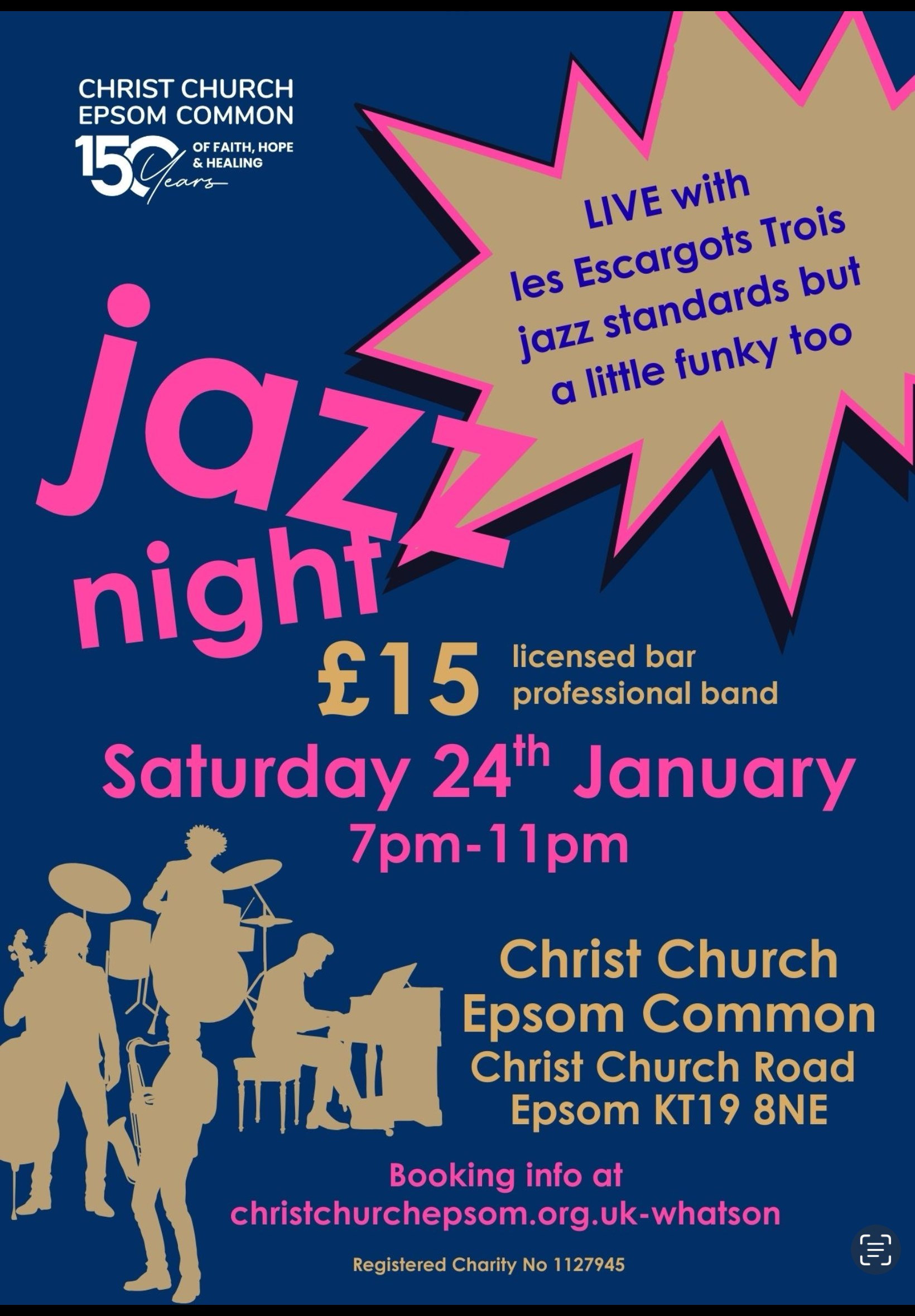 Jazz Night £15 A blue poster with pink writing that says Jazz Night £15