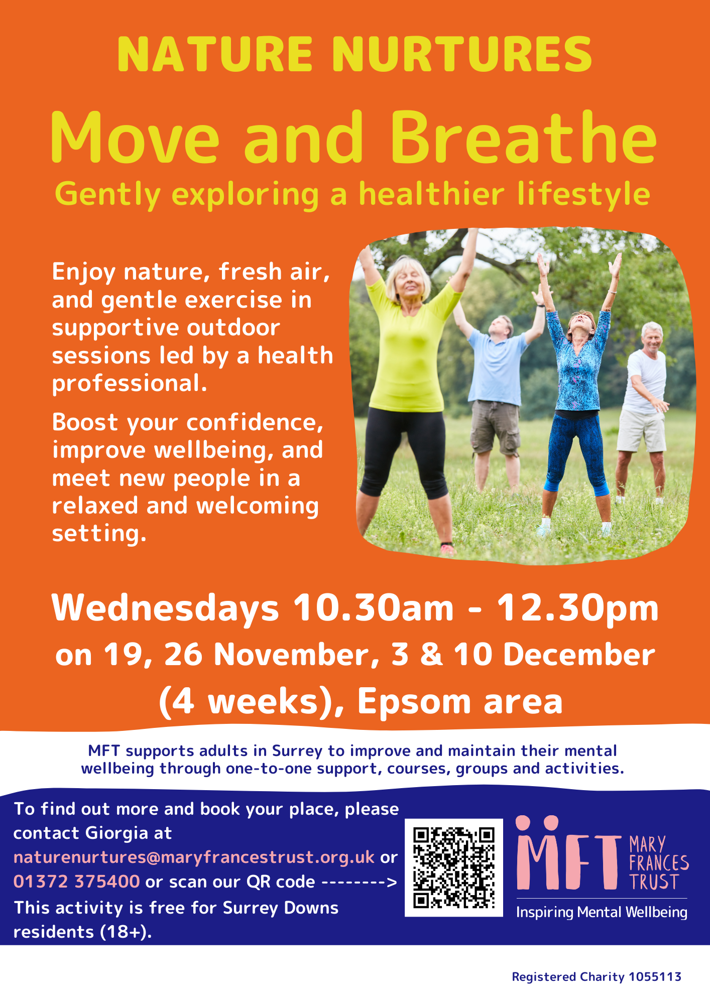 Move and Breathe poster. Description: Enjoy nature, fresh air, and gentle exercise in supportive outdoor sessions led by a health professional. Boost your confidence, improve wellbeing, and meet new people in a relaxed and welcoming setting.