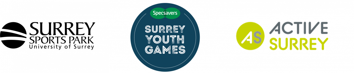 Specsavers Surrey Youth Games - logos. Surrey Sports Park, Specsavers Surrye Youth Games, Active Surrey