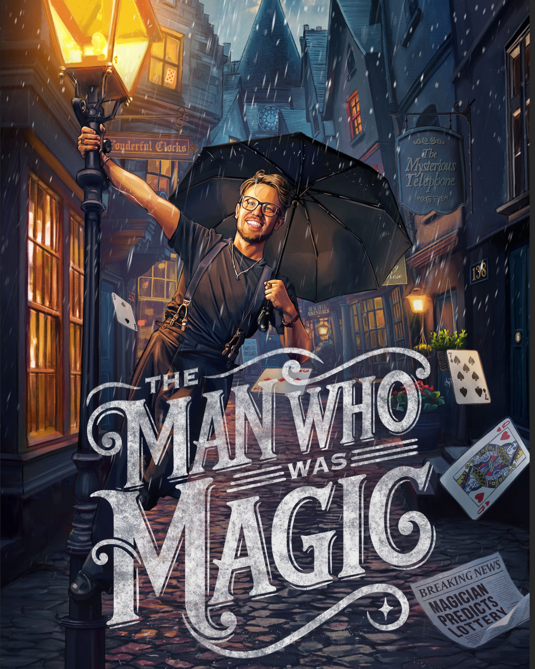 flyer for the man who was magic. features a man on a rainy evening street, hanging from a Victorian-style gas lamp, umbrella in hand. playing cards floating by.