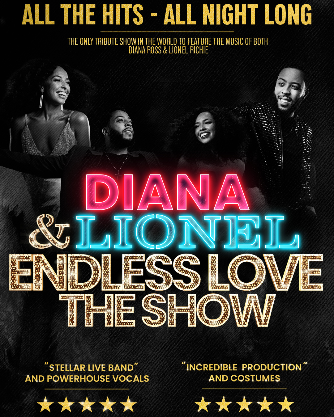 flyer for the event Diana & Lionel - Endless Love The Show. features black and white photos of the performers, woman and man