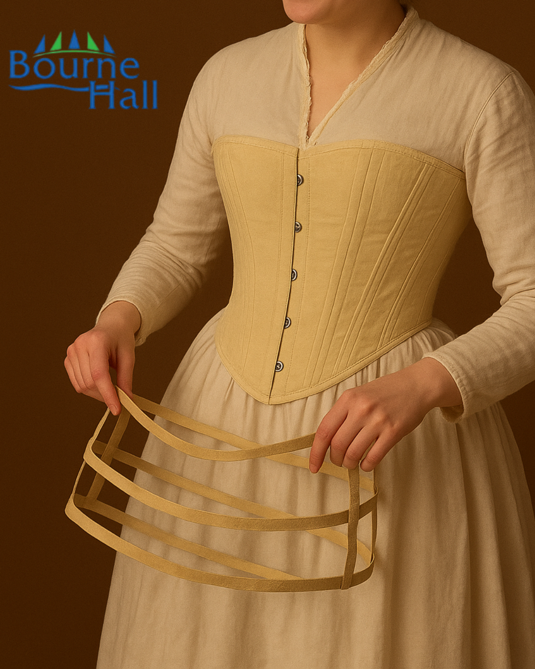 flyer for the event. features the Bourne Hall logo, and the torso of a woman in the Victorian dress described in the text.