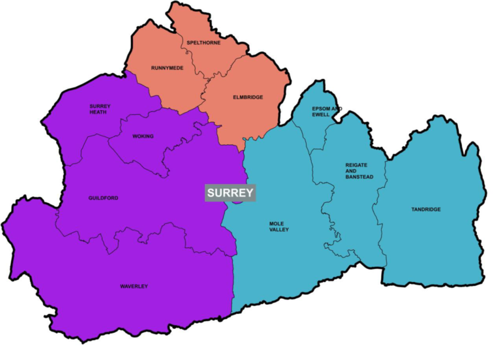 Map showing the proposed three unitary authorities in Surrey