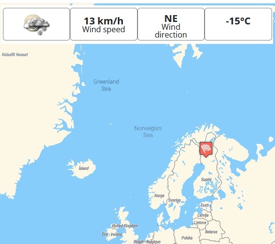 map of lapland with weather conditions at time of loading - cloudy and snow, wind speed 13km per hour, wind direction north east and temperature minus 15 degrees c
